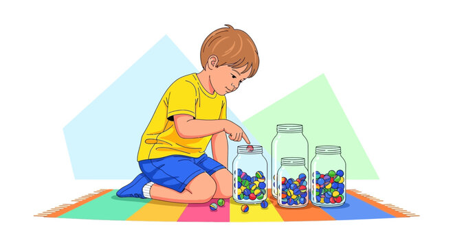 Illustration of a young boy playing with colorful marbles in glass jars on a surface