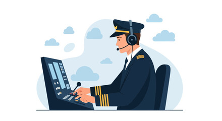 Illustration Of An Airline Pilot Wearing Headset Working On Aircraft Control Panel