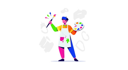 Illustration of an artist holding a brush and color palette in a studio