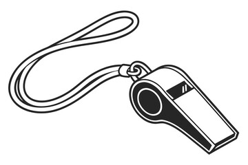 Black and white illustration of a sports whistle with a lanyard