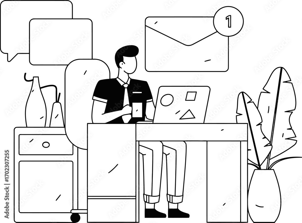 Poster man working from home with incoming messages and email notification on laptop, balancing work and co