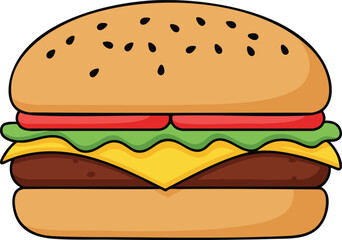 A delicious cartoon illustration of a classic cheeseburger with sesame seeds on the bun, lettuce, tomato, and a beef patty. (Created Using Generative AI Tools)