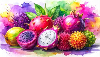 Lively watercolor illustration of a variety of colorful and fresh tropical fruits.