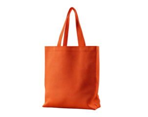 A vibrant orange tote bag, simple design, sturdy fabric, two parallel handles, slightly angled perspective on a black background
