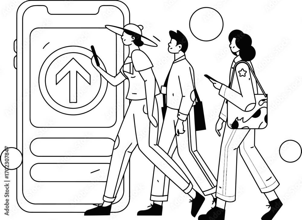 Poster modern illustration of people using a mobile app for file sharing, emphasizing connectivity and tech
