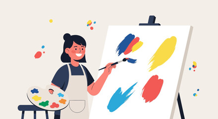 Illustrative depiction of an artist painting strokes of color on a white canvas board