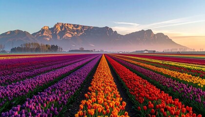 Stunning view of vibrant tulip fields in bloom under majestic mountains at dawn.