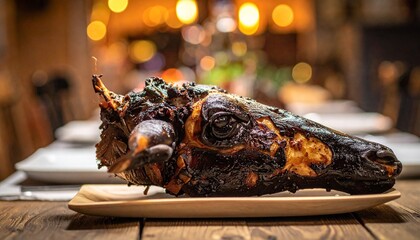 Crispy, slow-roasted whole pig head, a unique culinary experience.