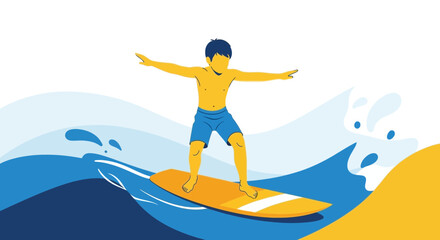 Illustrative depiction of surfing, waves and a person in a summer vacation
