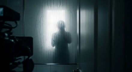 Silhouette of Person Behind Foggy Bathroom Shower Door in Dim Lighting