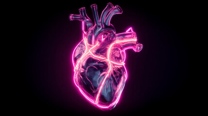 A digitally rendered heart with a chrome finish and pink neon outlining on a black background
