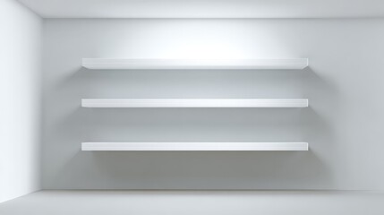 Minimalist Interior with Three White Shelves: Clean, Modern Design for Product Display and Presentation