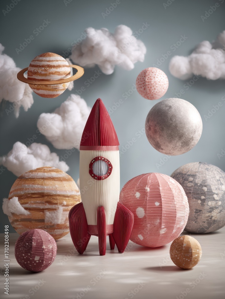 Aufkleber creative display of handcrafted planets and a rocket in a whimsical outer space environment in a pla