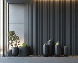 Modern patio with dark planters and greenery