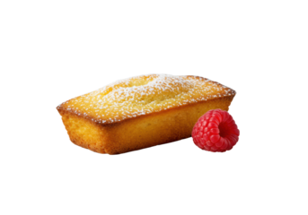 Golden-brown financier with powdered sugar and vibrant red raspberry on a matte plate, seamless transparent background, macro, shallow depth of field, pristine culinary perfection
