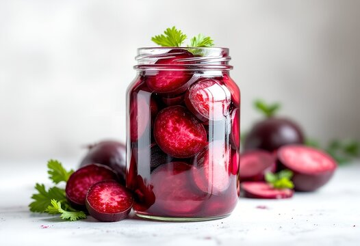 Close-up of pickled beets in a glass jar with fresh herbs on a white surface