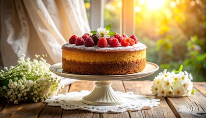 Homemade berry cake with fresh raspberries on a rustic table in warm sunlight.