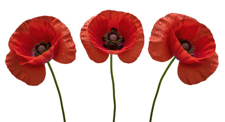 Obraz premium Three vibrant red poppies with pristine crimson petals, velvety black centers, green seed pods, and clear water droplets, on a transparent background with high-key studio light, concept of pristine
