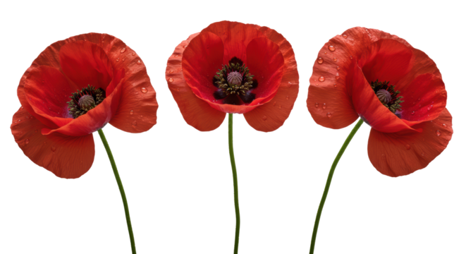 Three vibrant red poppies with pristine crimson petals, velvety black centers, green seed pods, and clear water droplets, on a transparent background with high-key studio light, concept of pristine - Powered by Adobe
