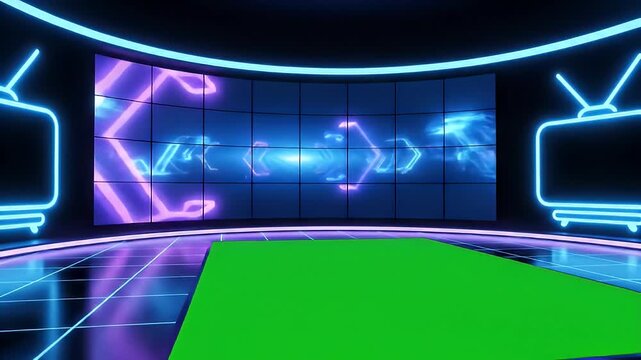 A futuristic virtual studio featuring glowing neon lights, animated background screens, retro TV outlines, and a central green screen floor for chroma key compositing.