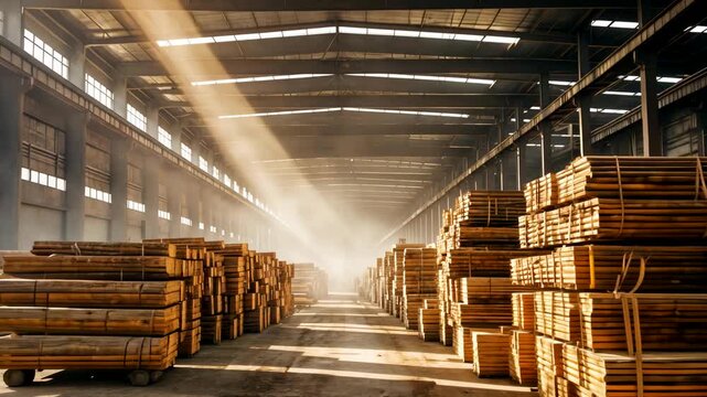 Sunlit Industrial Warehouse Interior with Stacked Wooden Planks and Beams