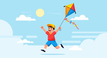 Fototapeta premium Joyful boy running and flying a kite outdoors on a sunny day in a colorful illustration