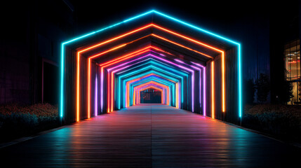 Illuminated tunnel with neon lights creating a vibrant pathway at night in a dark outdoor setting