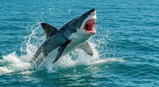 A great white shark breaching the ocean surface with its mouth open