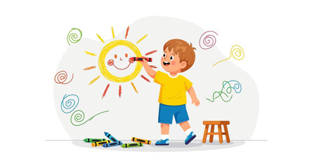 Naklejka premium Joyful Child Drawing A Cheerful Smiling Sun On White Background, Artistic Activity