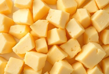 Close-up of diced cheese cubes on a white background