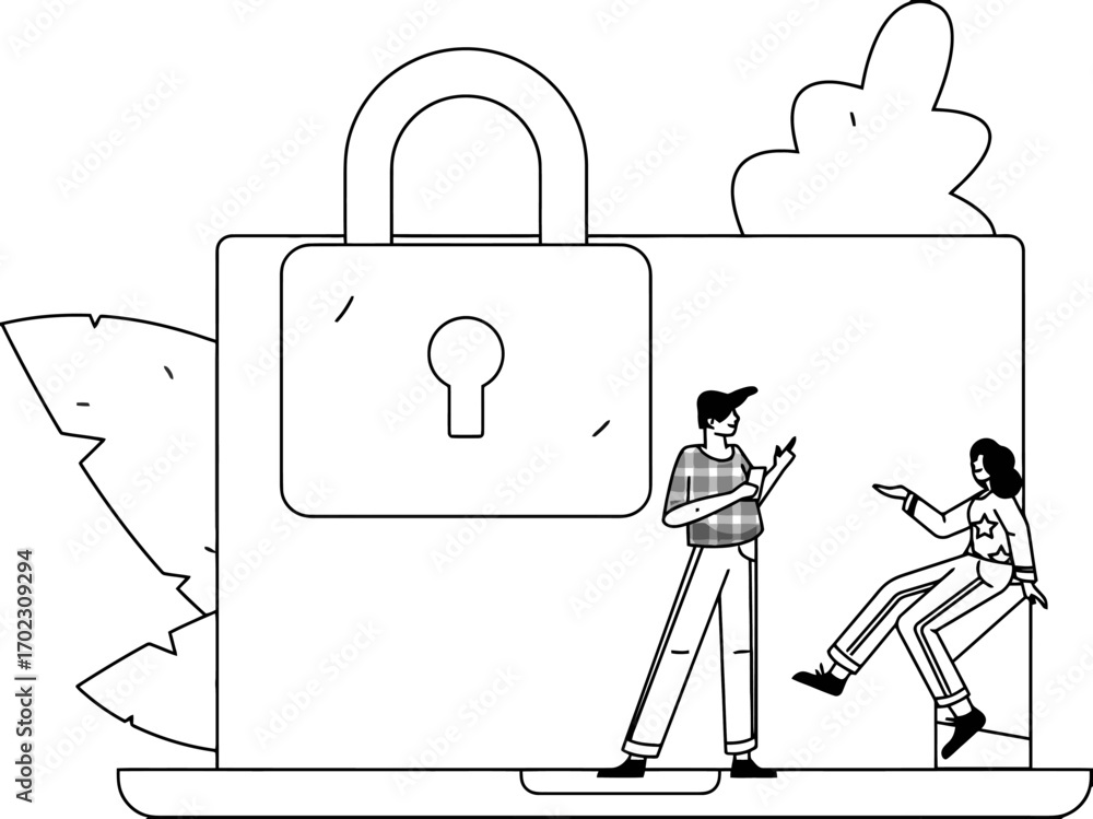 Poster secure digital solutions are discussed by a team for strong cybersecurity and data privacy, illustra
