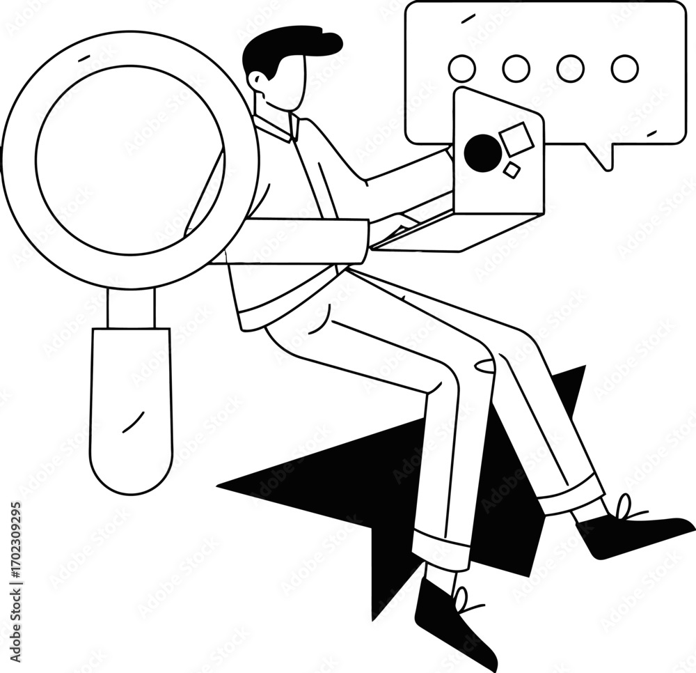 Poster innovative business professional analyzing data insights with laptop and magnifying glass, strategiz