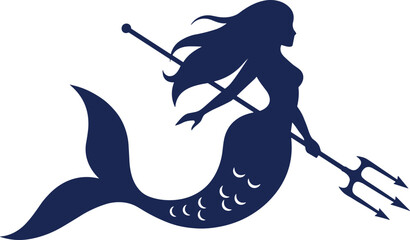 Silhouette mermaid with trident, warrior sea woman illustration, mythical ocean queen, fantasy marine goddess, aquatic vector art, underwater magic