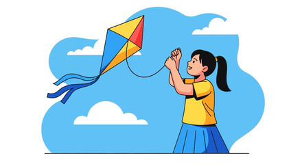 Joyful Girl Flying A Colorful Kite In The Clear Blue Sky Summer Illustration