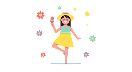 Joyful Girl With Ice Cream And Flowers: A Happy Summer Day Illustration