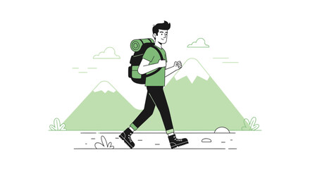 Joyful Hiker Ascending Rocky Pathway Under Serene Mountainous Landscape