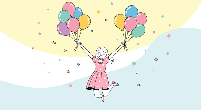 Joyful Girl Celebrating With Balloons in a Cheerful And Colorful Scene