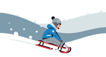 Joyful Kid Experiences Exhilarating Sledding Adventure Down A Snowy Slope During Winter