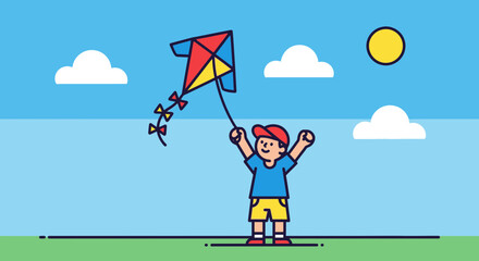 Joyful Kid Flying A Colorful Kite Under A Bright Sky During A Cheerful Summer Day