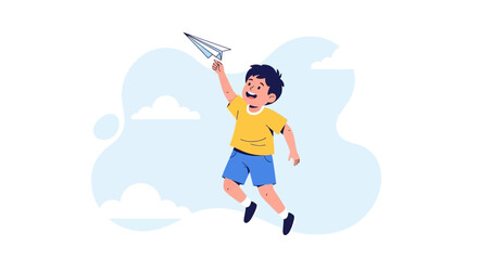 Joyful Kid Launching Craft Airplane into the Sky, Embracing Play and Childhood