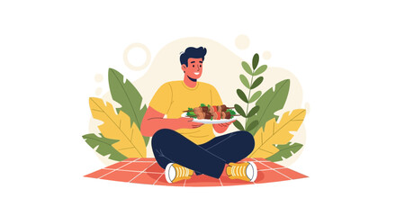 Joyful Man Enjoying Skewered Food During a Relaxing Picnic Moment Outdoors