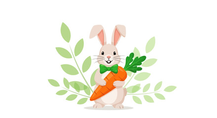 Joyful Rabbit Holding A Large Carrot, Surrounded by Leaves, In A Cheerful Illustration