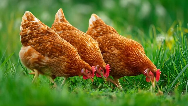 Three brown chickens pecking for food in a lush green grassy field