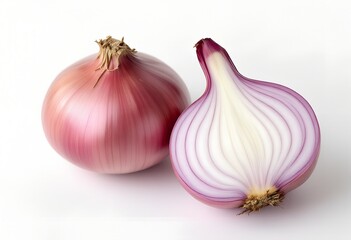 Fototapeta premium Close-up of a whole and halved red onion on a white background