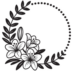 Black and white floral wreath with lilies and leaves