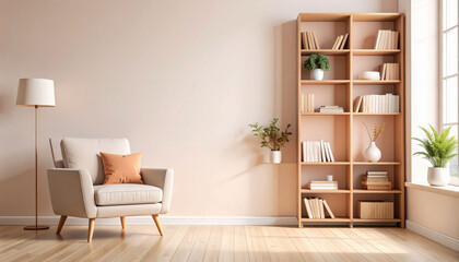 a modern living room setting. it features a minimalist white wall as the backdrop for a wooden bookshelf placed against it
