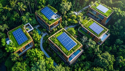 Aerial view of modern eco-villas with green roofs, solar panels, lush forest.