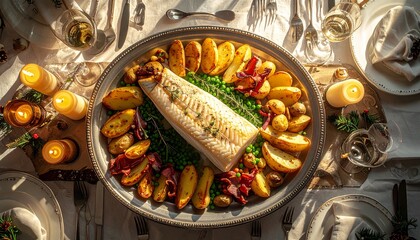 Festive holiday dinner with gourmet fish, roasted potatoes, and candles.
