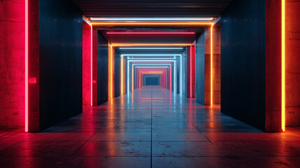 A long corridor with neon lights of different colors creating a futuristic perspective view point