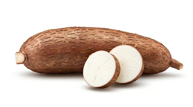 Whole and sliced yuca root on a white background